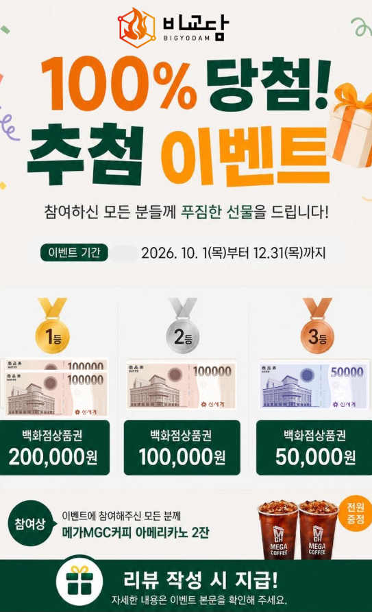 리뷰만 써도 100%당첨! 비교담 고객감사 추첨[event]